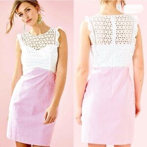 NWT- Lilly Pulitzer Maya Shift Dress White Eyelet Top, Seersucker Skirt, Size 10